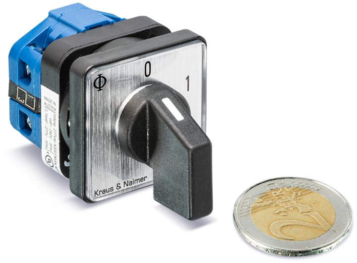 CA4N, THE SMALLEST CAM SWITCH IN THE WORLD, the SMALLEST CAM SWITCH compared with a 2 euro coin (Kraus and Naimer, K&N)