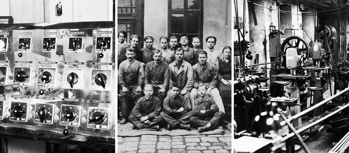 picture series (control desk with Kraus and Naimer switches, historical group photo of Kraus and Naimer factory workers, old Kraus and Naimer production facility) (K&N, Schumanngasse, 1180 Wien)
