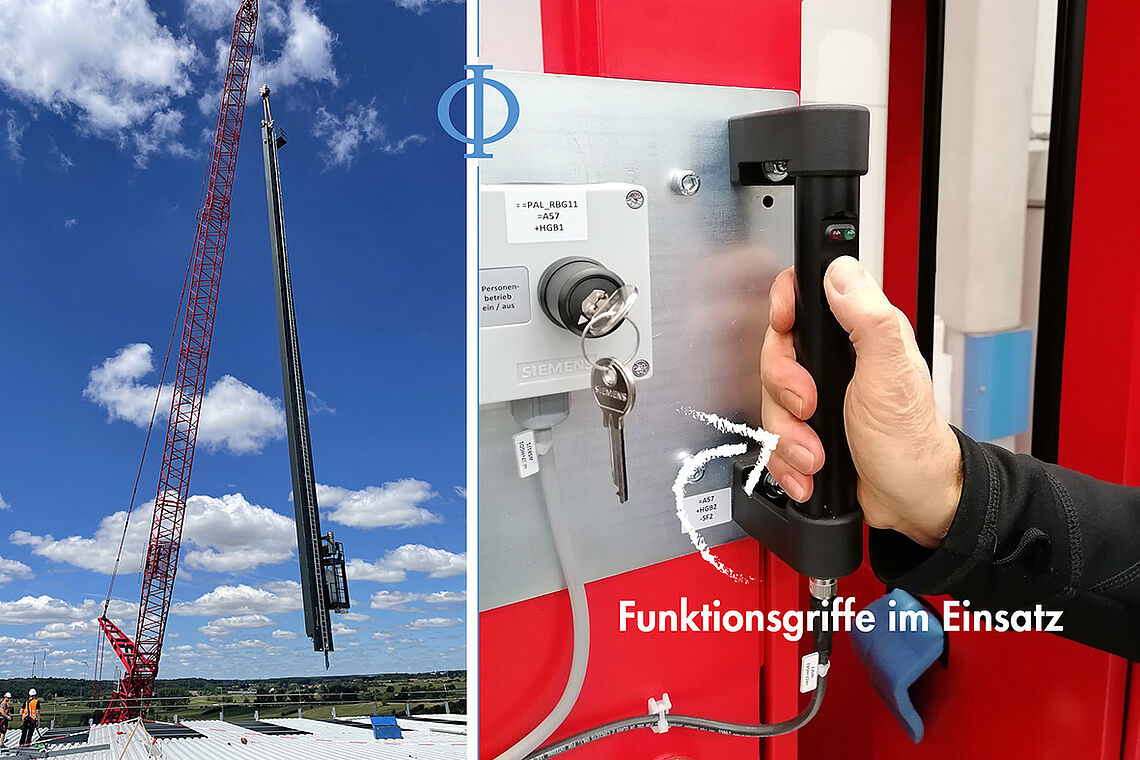 Kraus & Naimer Funktionsgriffe sorgen für Sicherheit bei Wartungsarbeiten im Hochregallager. Nachrüstung Regalbediengerät, Maschinengriff, 2-Personen Betrieb, Griff mit Taster.