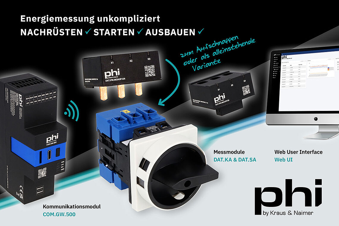 Energiemesssystem phi by Kraus & Naimer zum einfachen Starten, Nachrüsten oder Ausbauen. Energiemonitoring, EnEfG, Gebäuderichtlinie, Retrofit, Energieeffizienz, aufschnappbares Messmodul, Kommunikationsmodul, kabellos, Funk, Anlagensicherheit