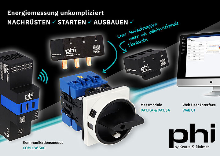 Energiemesssystem phi by Kraus & Naimer zum einfachen Starten, Nachrüsten oder Ausbauen. Energiemonitoring, EnEfG, Gebäuderichtlinie, Retrofit, Energieeffizienz, aufschnappbares Messmodul, Kommunikationsmodul, kabellos, Funk, Anlagensicherheit