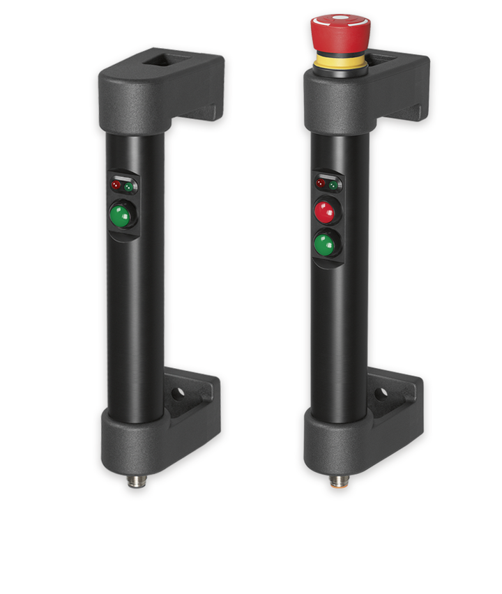 Kraus & Naimer Controls: Functional handle FH16-ST01S and FH16-ST05S with push button, separaten LED signal lamp and emergency stop, polyamid PA 6