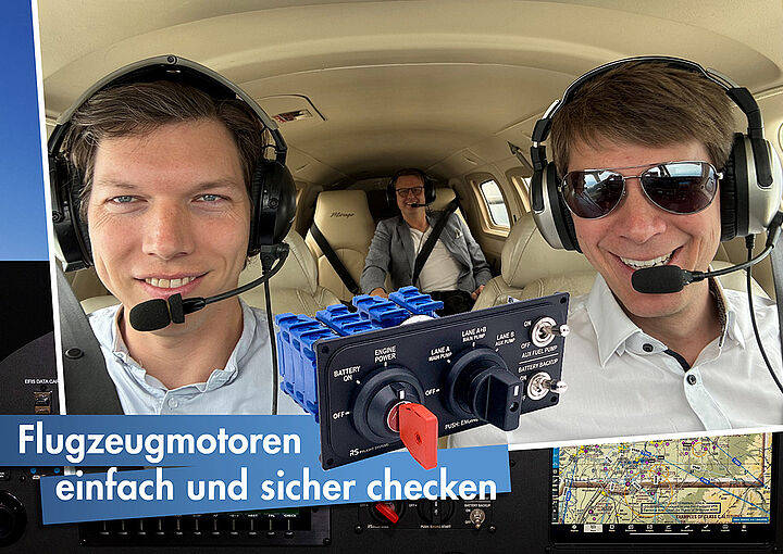Das iS Engine Panel V3 von RS Flight Systems trägt zwei rückseitig gekoppelte Kraus & Naimer CHR10 Schalter: links mit Steckschlüsseleinrichtung zur Stromversorgung des Flugzeugs, rechts mit Kulissensperre zum Test der Motorsteuergeräte und Start des Triebwerks.