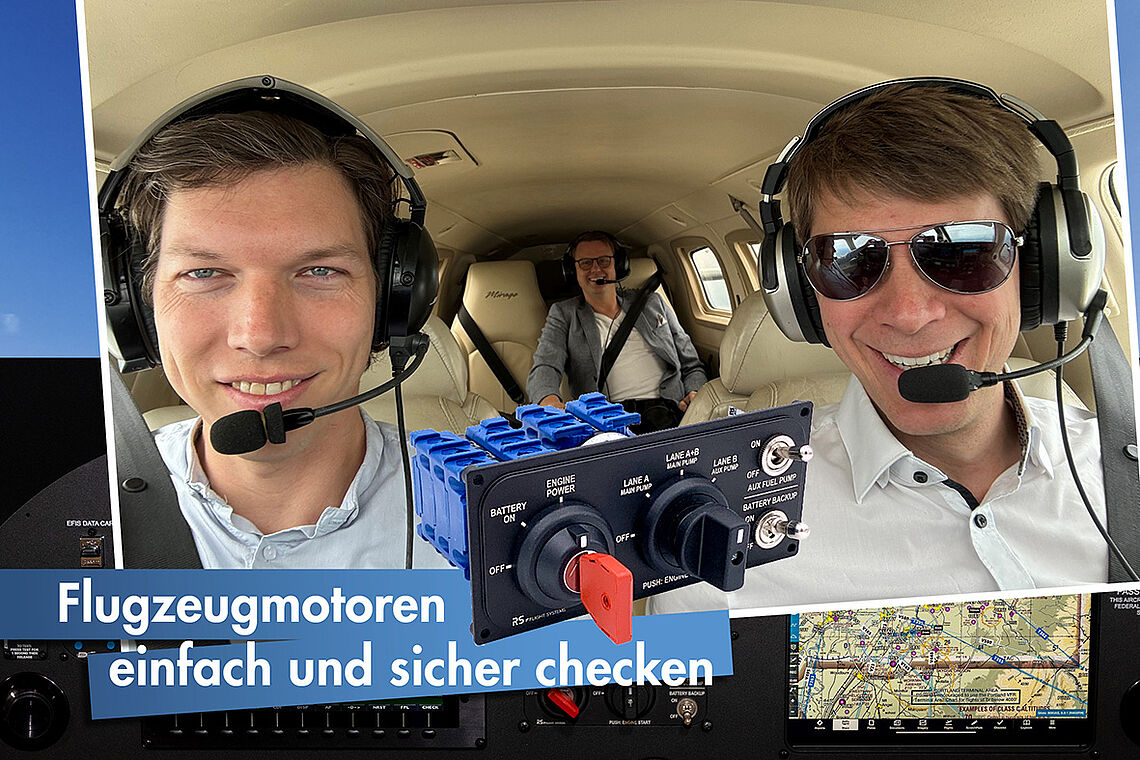 Das iS Engine Panel V3 von RS Flight Systems trägt zwei rückseitig gekoppelte Kraus & Naimer CHR10 Schalter: links mit Steckschlüsseleinrichtung zur Stromversorgung des Flugzeugs, rechts mit Kulissensperre zum Test der Motorsteuergeräte und Start des Triebwerks.