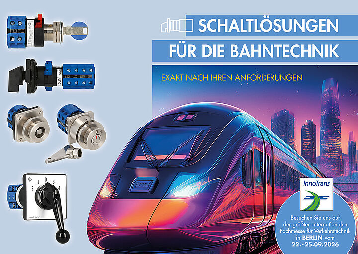 Kraus & Naimer Schaltlösungen für die Bahntechnik und Verkehrstechnik: Bahnschalter, Sicherheitsschalter, Schlüsselschalter, Steckschlüsseleinrichtungen, niedrige Einbautiefe, UIC 805-30/D/2, Vierkantantrieb, Sicherheitsabdeckung, Kappe, Spezialschloss, Gravur, Sondergriffe, montagefreundlich, Erdungsschalter, Funktionsgriffe, Kontrollsäulen. InnoTrans Messe Berlin 2026.