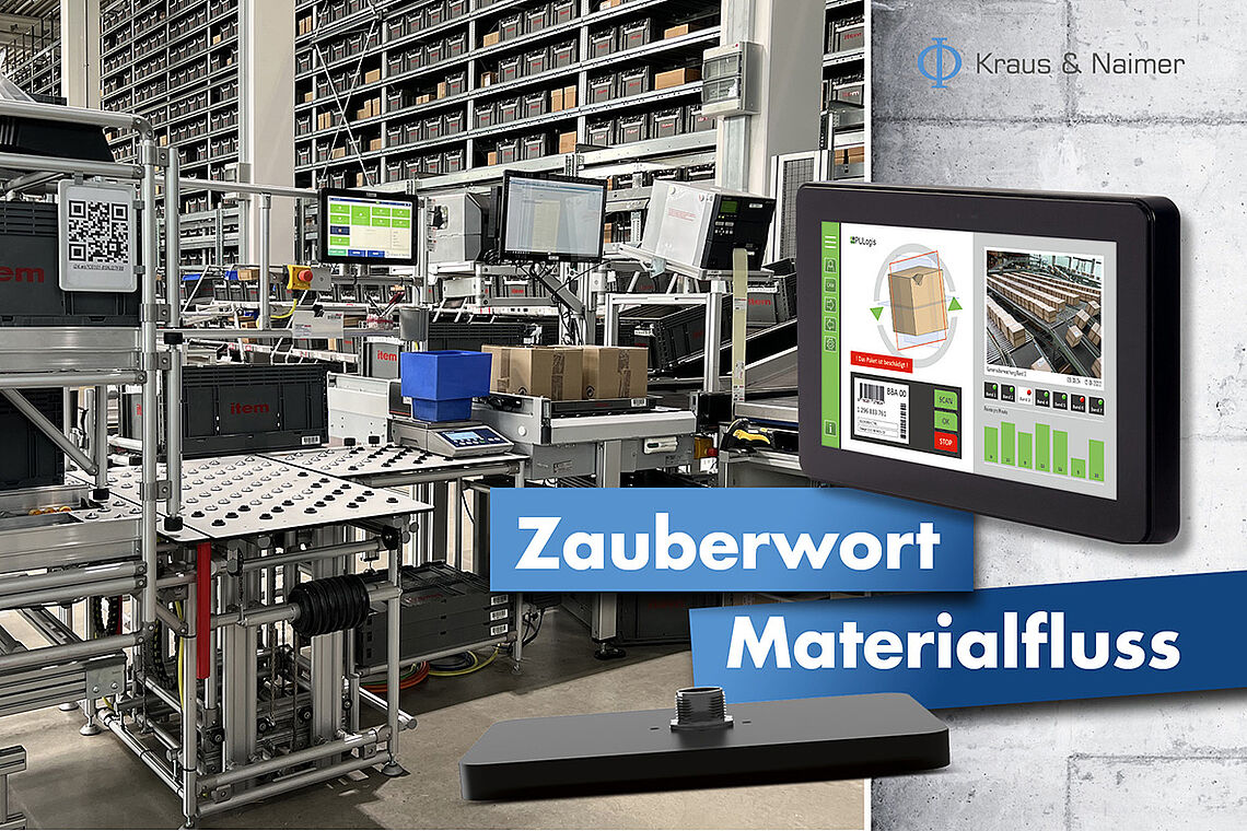 Bedienpanel Plug & Play von Kraus & Naimer Herzstück beim flexiblen Industrie-Arbeitsplatz von item. HMI, Touch-Panel, Industriepanel, Maschinenpanel, Systemarbeitsplatz, ergonomischer Arbeitsplatz.