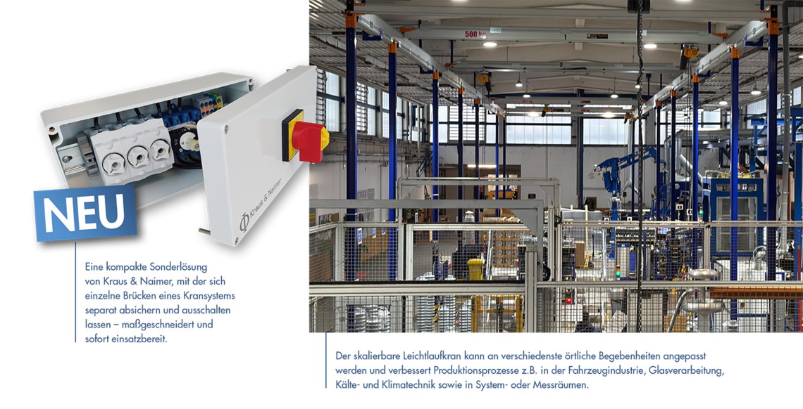 Eine kompakte Sonderlösung von Kraus & Naimer, mit der sich einzelne Brücken eines Kransystems separat absichern und ausschalten lassen – maßgeschneidert und sofort einsatzbereit. IWS Leichtlaufkran, Baugruppe, Kompaktgehäuse, Industrieschalter, vormontiert, Kleingehäuselösung.