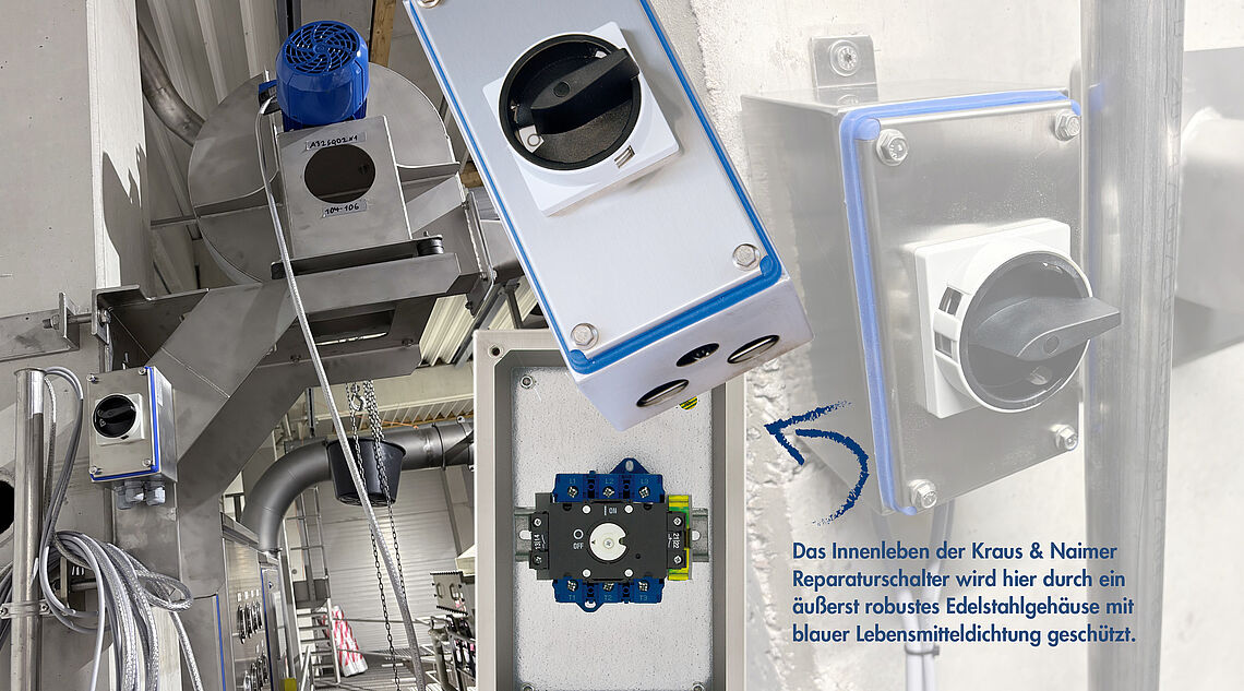 Das Innenleben der Kraus & Naimer Reparaturschalter wird durch ein äußerst robustes Edelstahlgehäuse mit blauer Lebensmitteldichtung geschützt. Einführungen für M20, M25 oder M40-Verschraubungen.