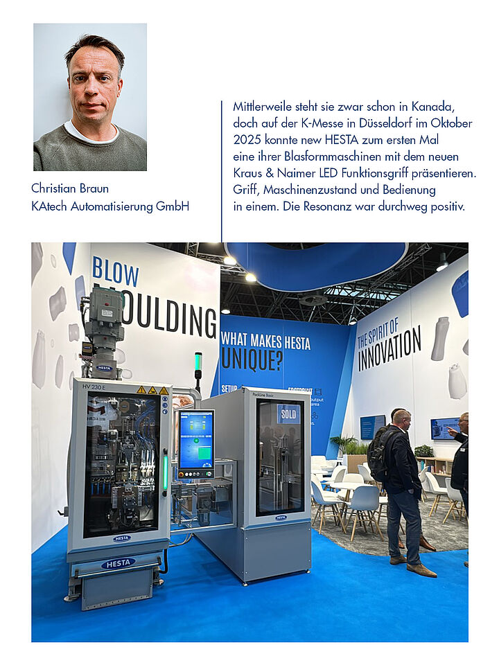2025 Neu auf der K-Messe in Düsseldorf: new HESTA Blasformmaschinen jetzt mit auffälligem LED Maschinengriff von Kraus & Naimer