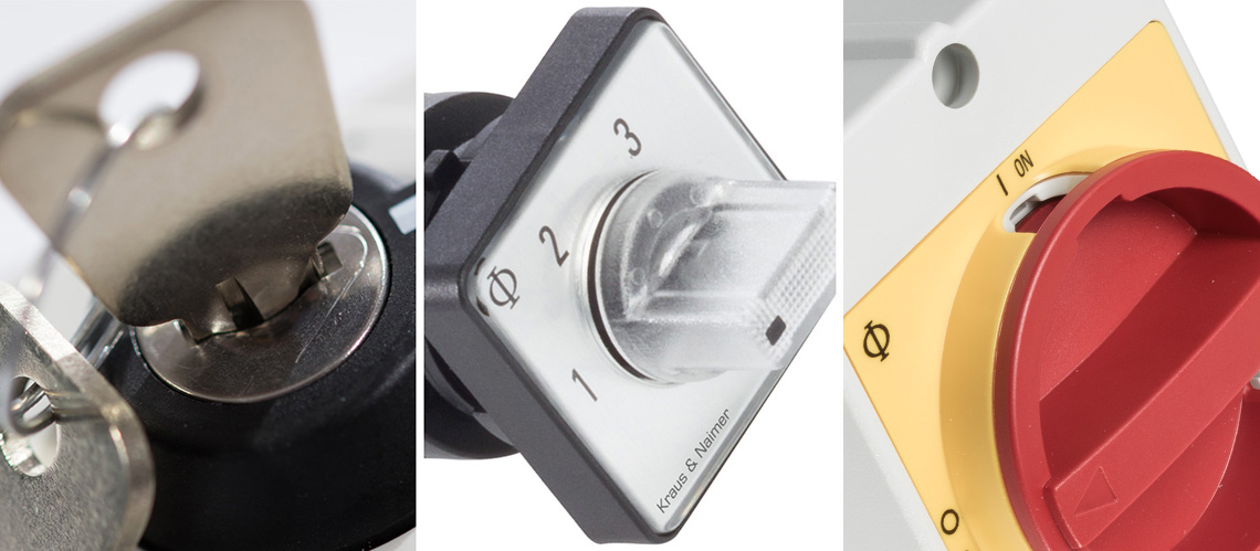 Picture series of three pictures (close up picture of a key operator, switch with a indicator handle, close up of a mainswitch in zero position)(header picture, Kraus an Naimer, K&N)