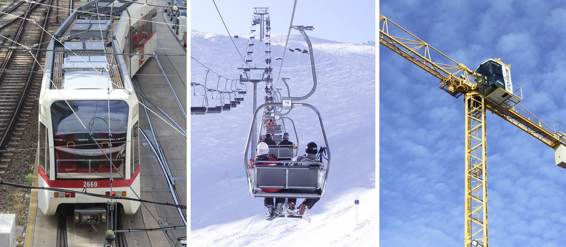 vienna subway train (next to AKH subway station), ski lift, Potain crane (worm's-eye view), (Kraus and Naimer, K&N)