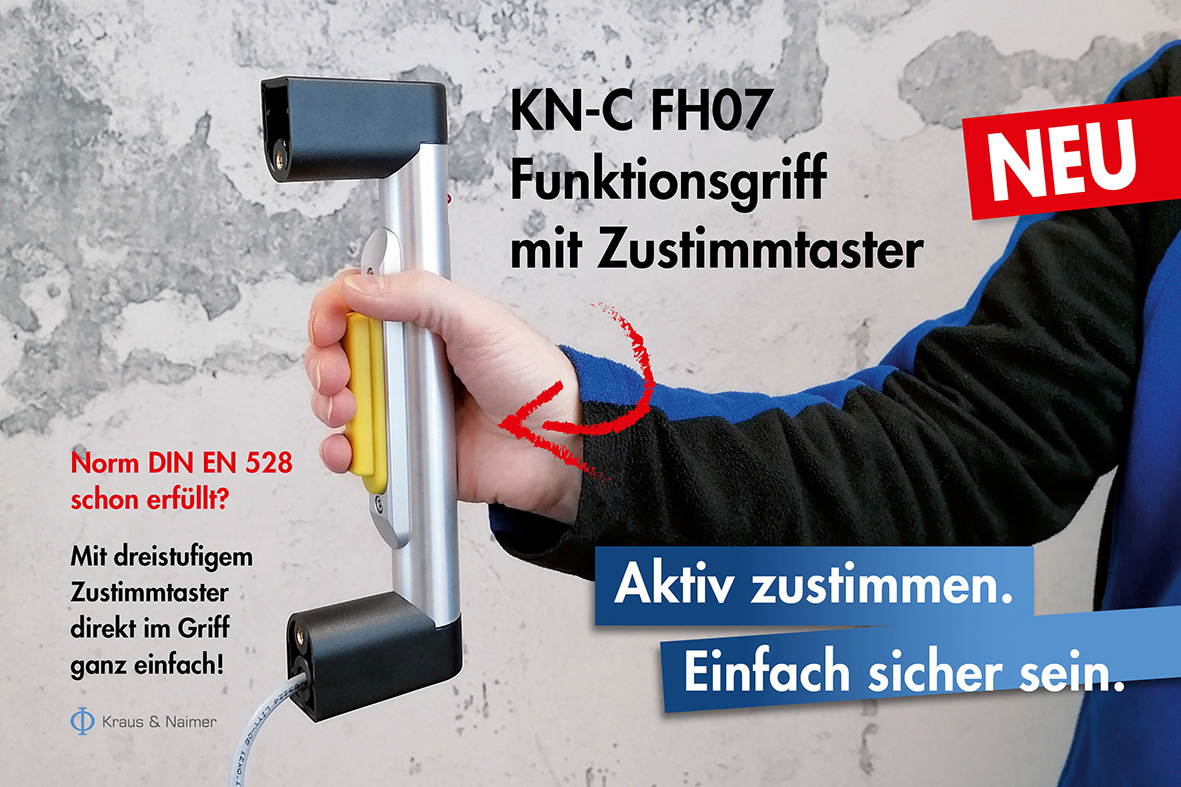 Funktionsgriff mit Zustimmtaster, Maschinengriff, Zustimmfunktion, DIN EN 528, Regalbediengerät, Personensicherheit